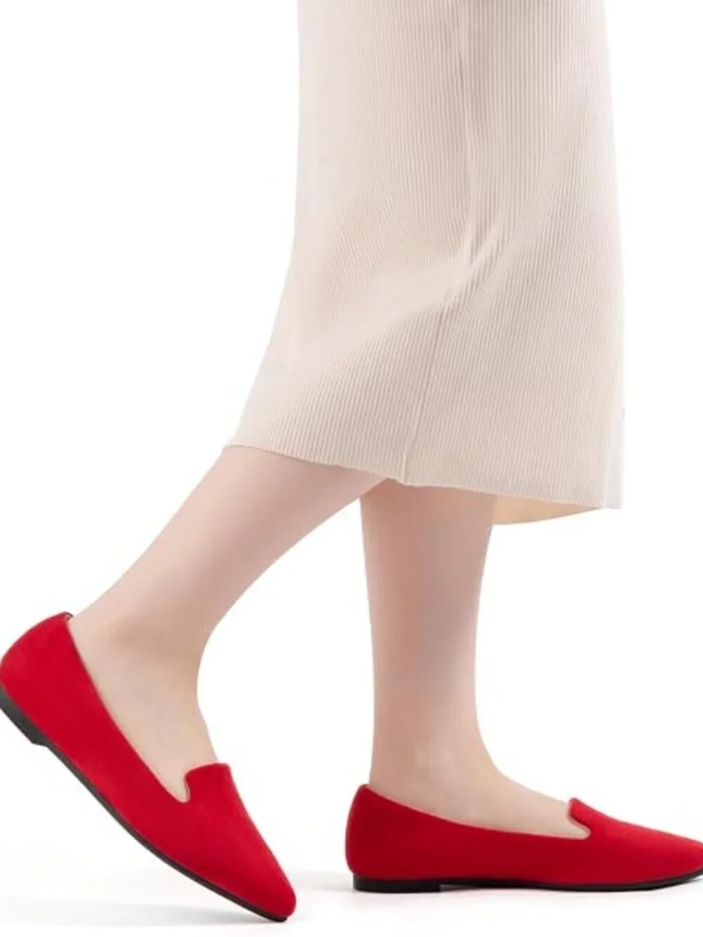 Women's Red Suede Comfortable Pointed Toe Memory Foam Casual Slip On Flat Shoes